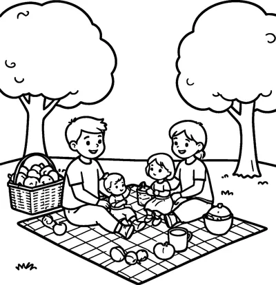A mum, dad and two small children sit on a checked picnic blanket under trees with a basket and food.