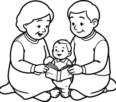 A smiling grandma and grandpa sit on the floor holding open a picture book for a happy baby between them.