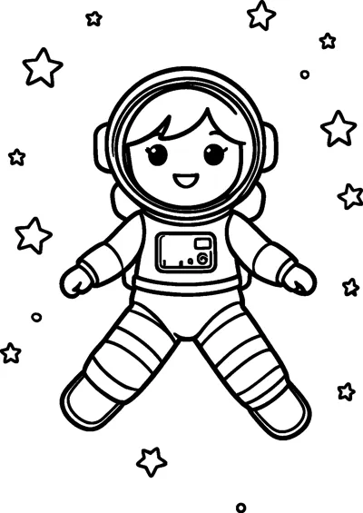 A smiling girl in a spacesuit and round helmet floats with stars all around her.