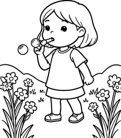 A girl in a dress blows a bubble from a wand while standing in a meadow of tall flowers.