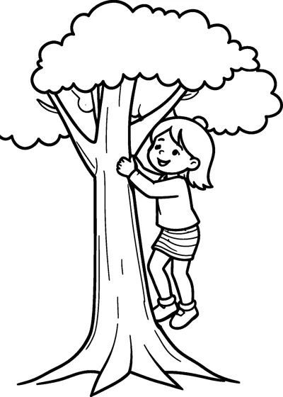 A girl in a striped skirt hugs a wide tree trunk as she climbs toward the leafy top.