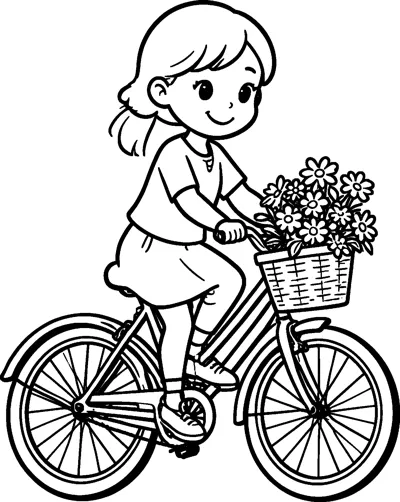 A smiling girl rides a bicycle with a wicker basket full of flowers on the handlebars.