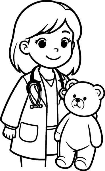 A girl in a white coat wears a stethoscope and stands next to a teddy bear patient.