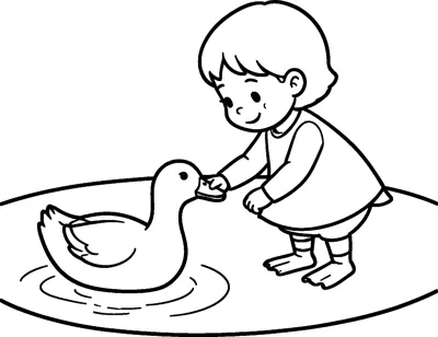 A girl bends down at the edge of a pond to hand a piece of bread to a swimming duck.
