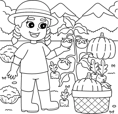 A girl in a hat stands by a pumpkin patch with a basket of vegetables.