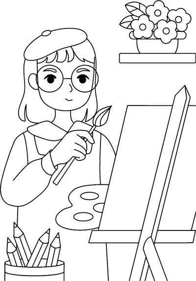 A girl with glasses and a beret holds a brush beside an easel, palette, and pencils.