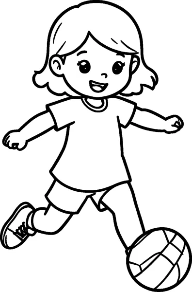A girl in a T-shirt and shorts swings her leg back to kick a patterned football.