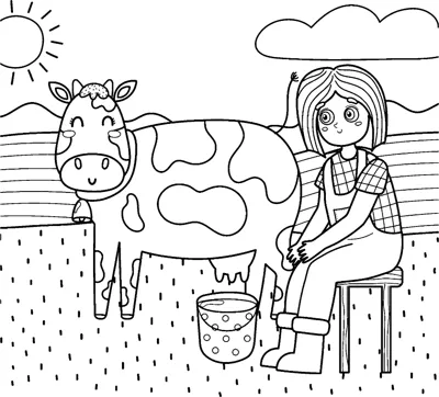 A girl sits on a stool beside a spotted cow with a bucket under a sunny sky.
