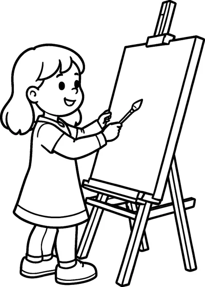 A girl in a smock holds a paintbrush up to a blank canvas on a wooden easel.