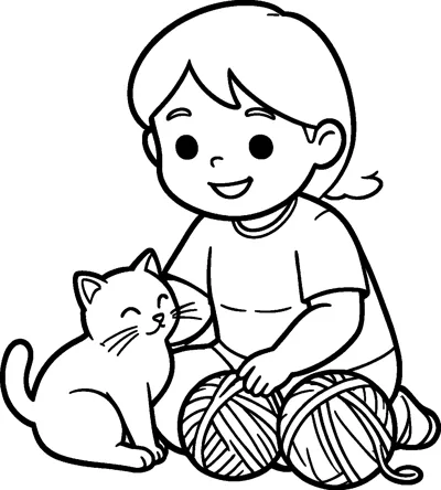 A girl sits on the floor with a happy cat beside her and two striped balls of yarn.