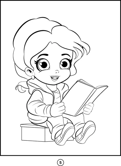 A girl with long hair sits on a box reading an open book.