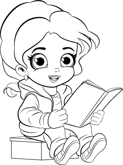 A girl with long hair sits on a box reading an open book.