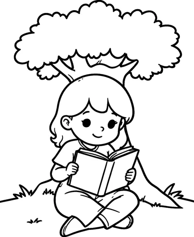 A girl sits cross-legged on the grass under a leafy tree, holding an open book.
