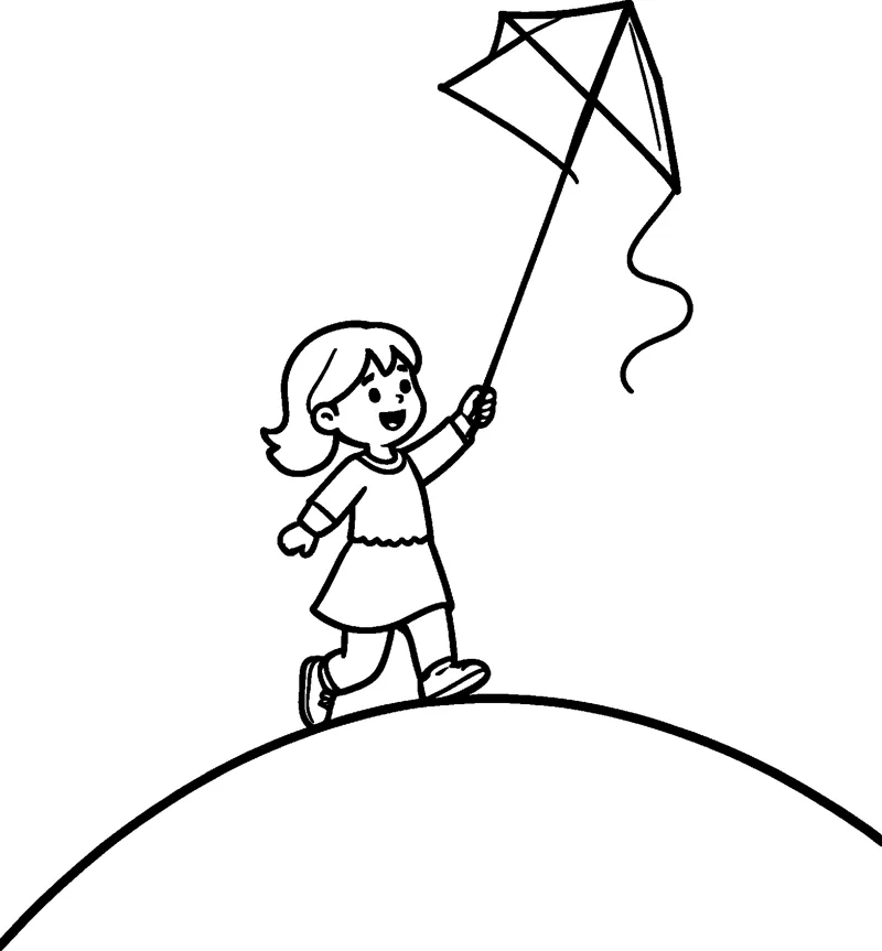 A girl with a ponytail runs up a rounded hill holding the string of a diamond kite.