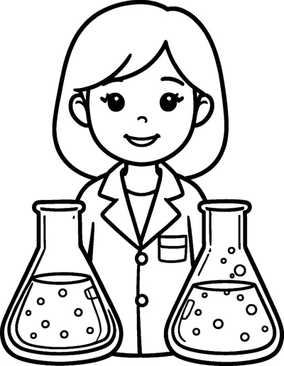 A girl in a lab coat smiles between two large flasks filled with bubbling liquid.