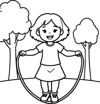A laughing girl in a skirt swings a skipping rope with two trees behind her.