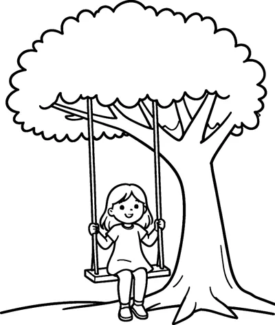 A girl sits on a rope swing hanging from a branch of a big leafy tree.