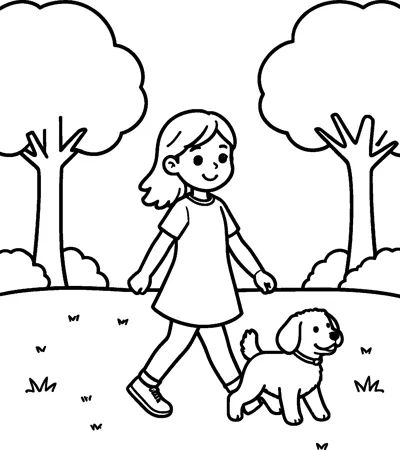 A girl walks across a park lawn beside a small fluffy puppy with round trees behind.