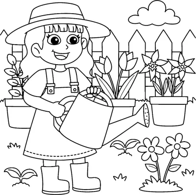 A girl in a sun hat waters flowers in front of a picket fence and clouds.