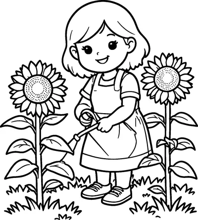 A girl in an apron waters two tall sunflowers in a garden with a small hose nozzle.
