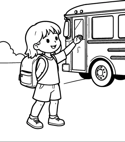 A girl wearing a backpack waves at a school bus with its door and front wheel beside her.