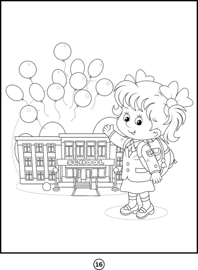 A girl stands near a school building as a cluster of balloons floats above.