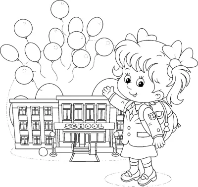 A girl stands near a school building as a cluster of balloons floats above.