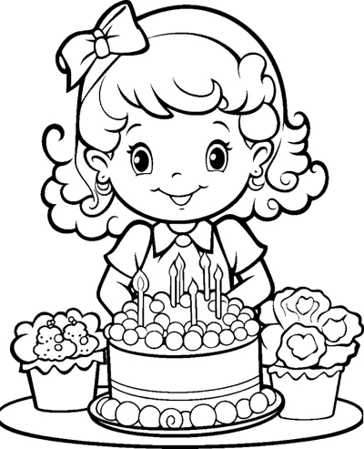 A curly-haired girl with a bow stands behind a candle-topped cake and two cupcakes.
