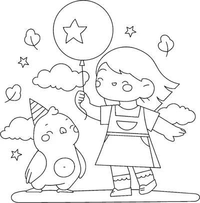 A girl holds a star balloon while a small bird in a party hat stands beside her.