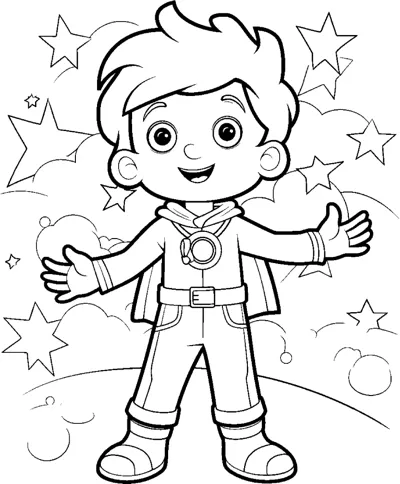A boy in a hero outfit with a medal stands with arms open among stars and clouds.