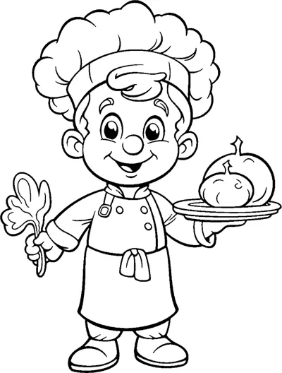 A boy in a chef hat and apron holds a spoon and a covered serving dish.