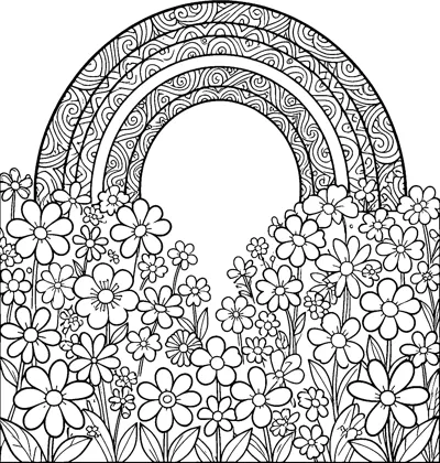 A rainbow with bands filled with swirls and zigzags rises over a dense field of daisies and leaves.