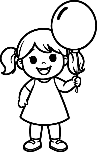 A laughing girl with two pigtails holds a single round balloon on a string.