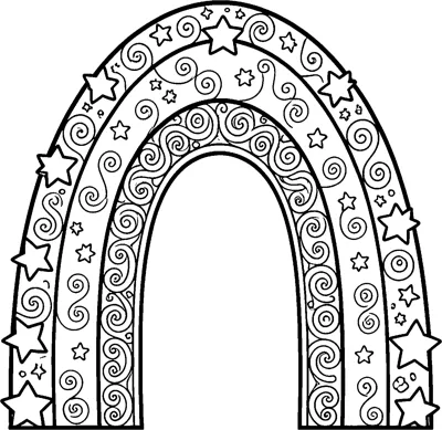 A tall three-band rainbow arch filled with swirls, curls and stars of different sizes along its edges.