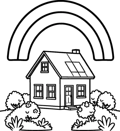 A two-band rainbow arches over a small house with a chimney, windows and round bushes in the garden.