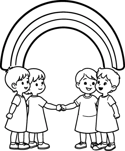 Four smiling children stand together under a big rainbow, with two of them reaching out to hold hands.