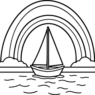 A sailboat with a triangle sail floats on the waves under a big rainbow, with fluffy clouds on the horizon.