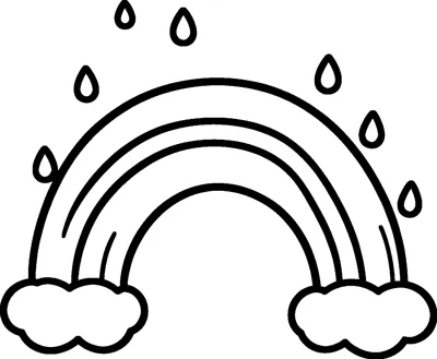 A rainbow arch with fluffy clouds at both ends and small raindrops falling around it.