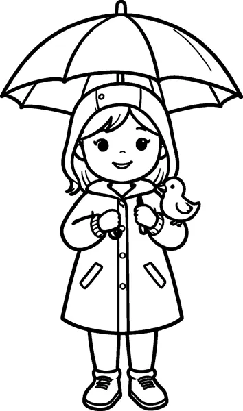 A girl in a buttoned raincoat holds an umbrella while a small duckling sits on her arm.