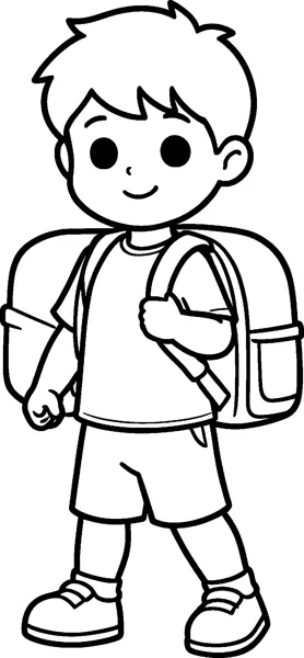 A smiling boy in a T-shirt, shorts and trainers walks to school with a big backpack on his shoulders.