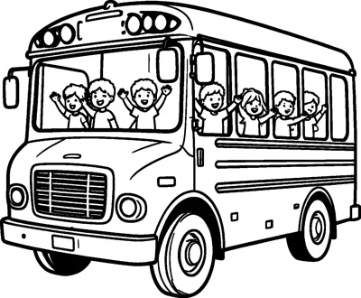 A big school bus with smiling children waving from the windscreen and side windows.