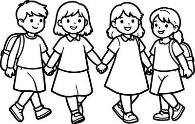 Four smiling children with school bags walk in a row, holding hands on their way to school.