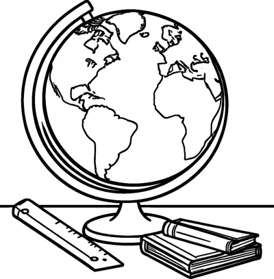 A world globe on a stand sits on a desk beside a ruler, a stack of books and a marker pen.
