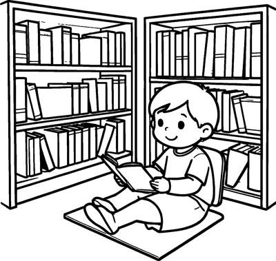 A child sits on a mat between two tall bookshelves, reading an open book in the school library.