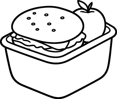 An open lunch box holding a filled sandwich roll with lettuce and a round apple with a leaf.