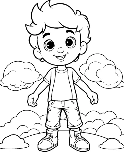 A boy with spiky hair stands in shorts and a t-shirt with clouds behind him.