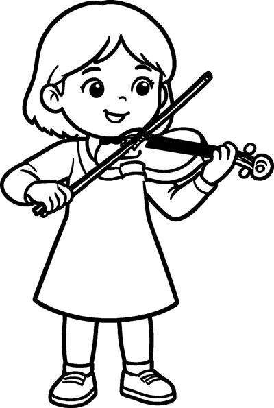 A smiling girl in a dress holds a violin under her chin and draws the bow across it.