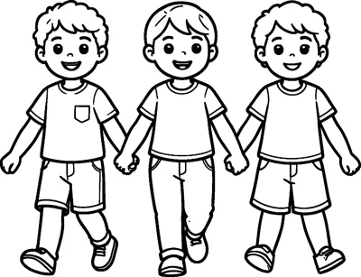 Three smiling children in T-shirts and shorts walk forward holding hands in a row.