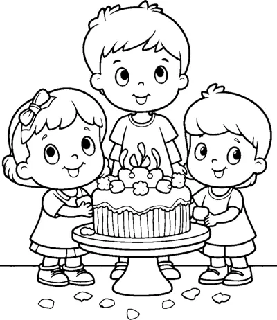 Three children stand around a candle-topped cake on a stand.