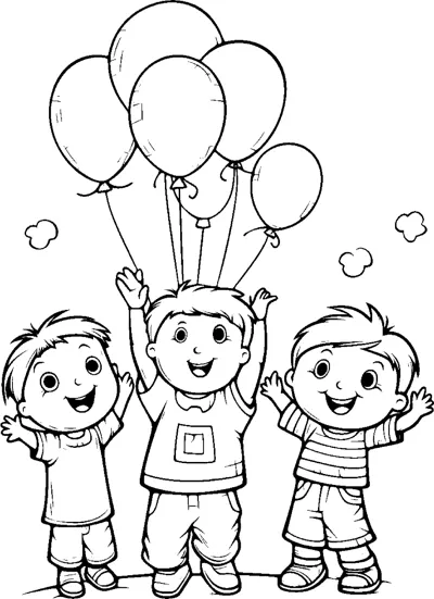 Three smiling children raise their arms beneath a bunch of floating balloons.